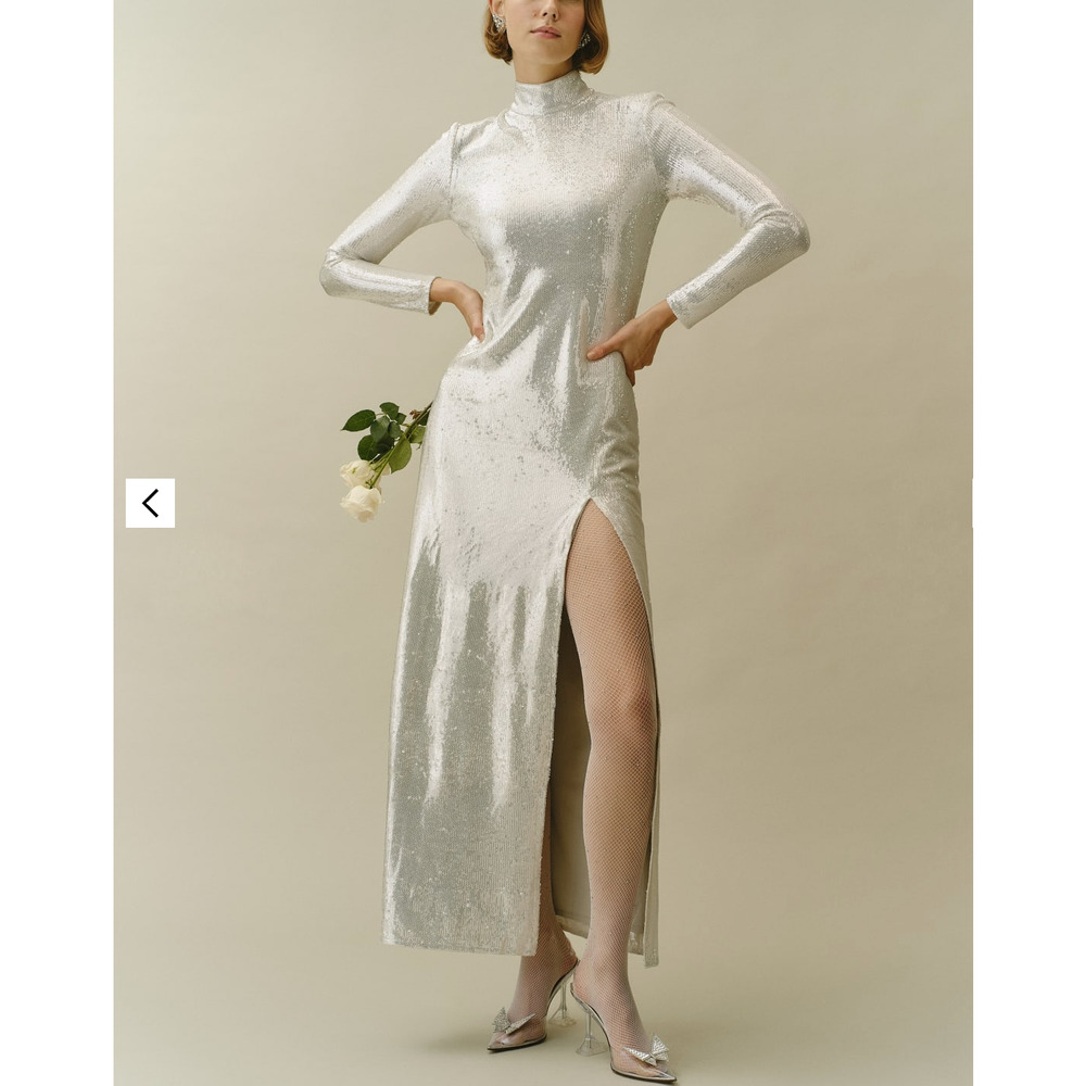Reformation Talicia Silver Sparkle Sequin Maxi Dress 6 NEW Long Sleeve High Neck